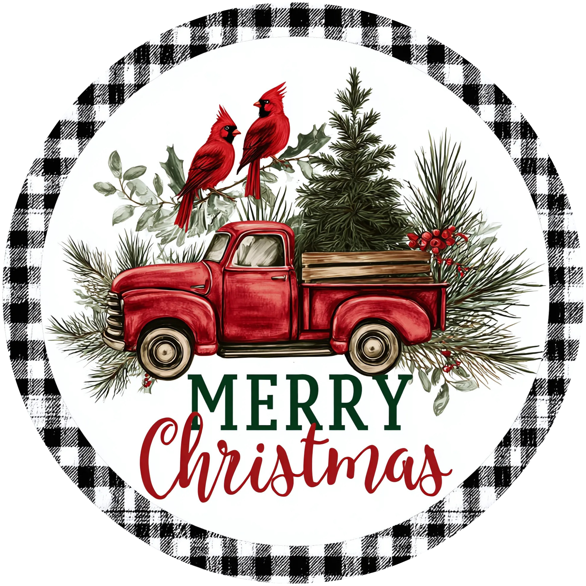 Merry Christmas Pickup Truck with Cardinal Birds Metal / Vinyl Sign - Made in USA