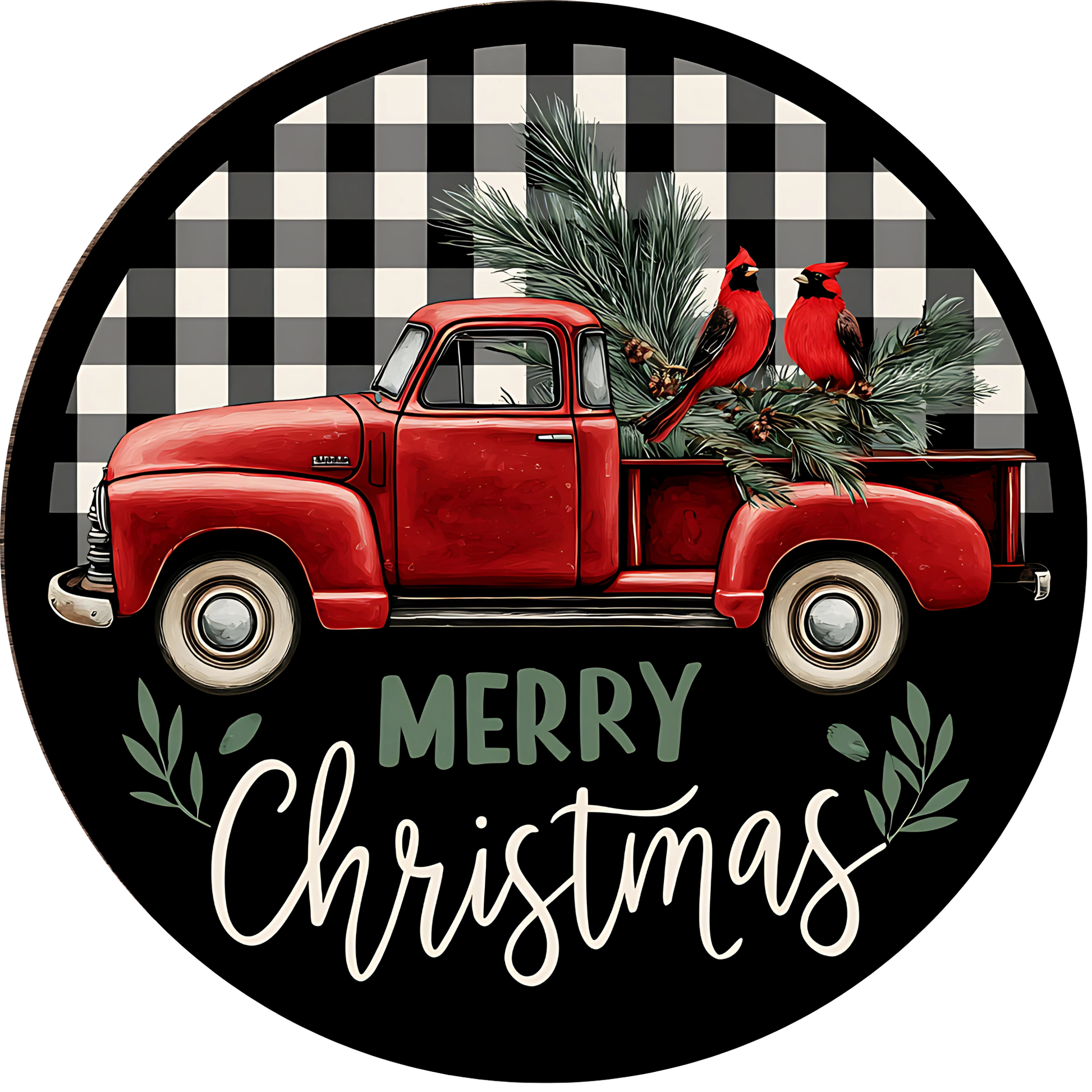 Merry Christmas Pickup Truck with Cardinal Birds Metal / Vinyl Sign - Made in USA