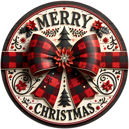 Rustic Buffalo Plaid Bow Merry Christmas Accent Sign - Made in USA