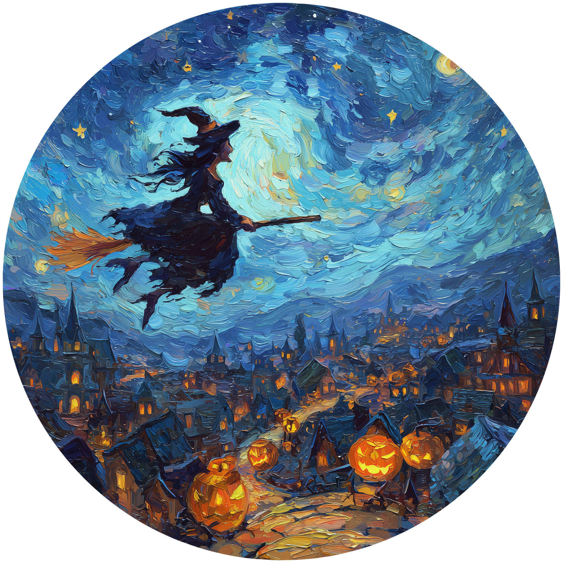 Halloween Night Witch Flying Over Pumpkin Town Accent Sign - Made in USA