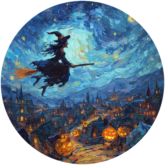 Halloween Night Witch Flying Over Pumpkin Town Accent Sign - Made in USA