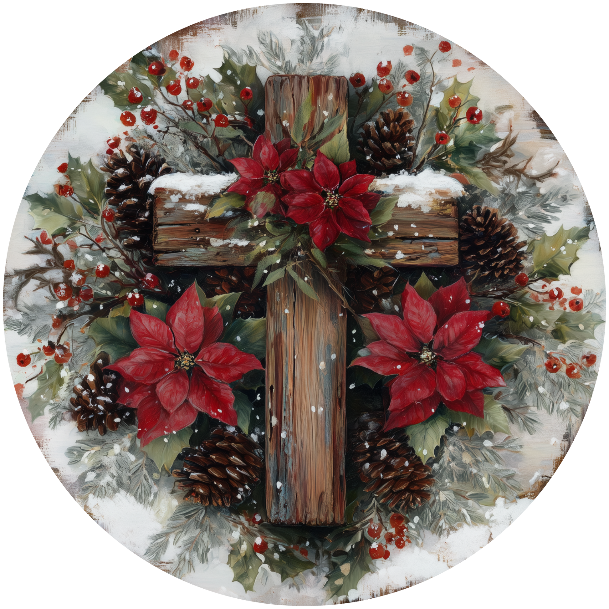 Christmas Cross with Poinsettias and Pinecones Accent Sign - Made in USA