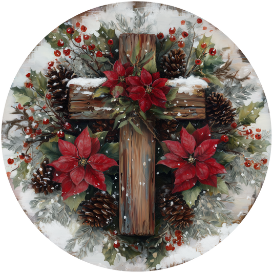 Christmas Cross with Poinsettias and Pinecones Accent Sign - Made in USA