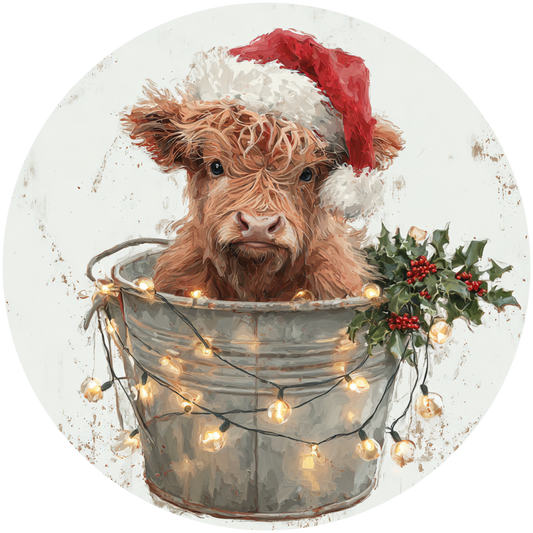 Christmas Highland Cow in Bucket with Santa Hat and Lights Accent Sign - Made in USA