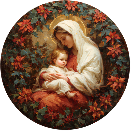 Madonna and Child Surrounded by Christmas Poinsettias Accent Sign - Made in USA