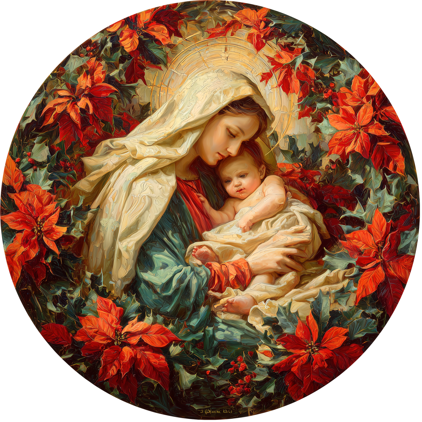 Madonna and Child Surrounded by Christmas Poinsettias Accent Sign - Made in USA