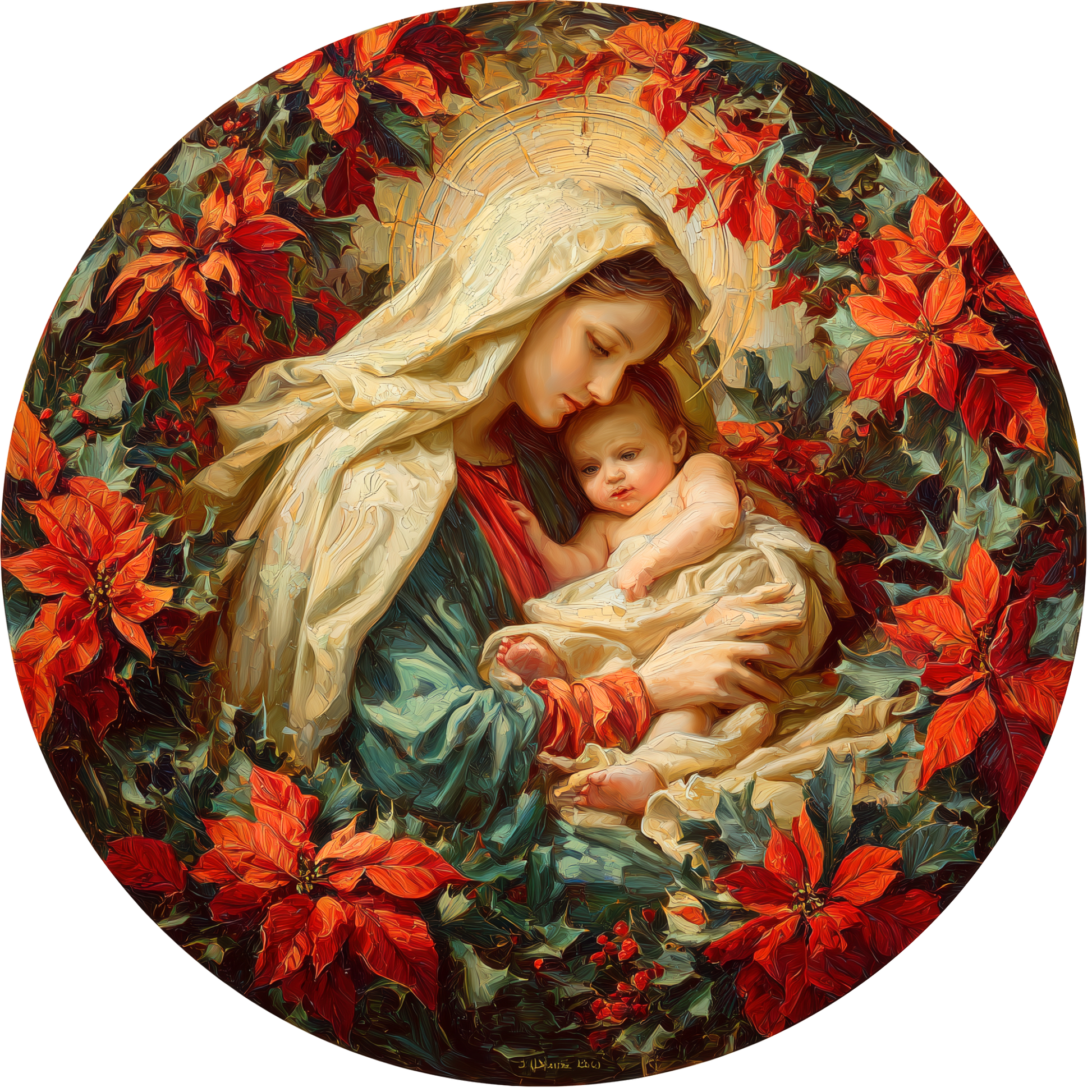 Madonna and Child Surrounded by Christmas Poinsettias Accent Sign - Made in USA