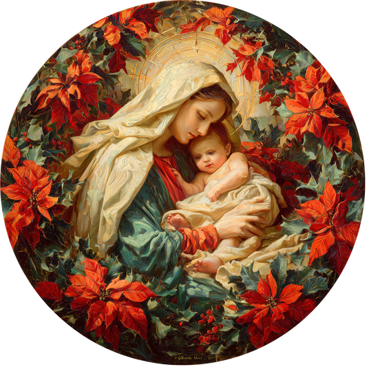 Madonna and Child Surrounded by Christmas Poinsettias Accent Sign - Made in USA