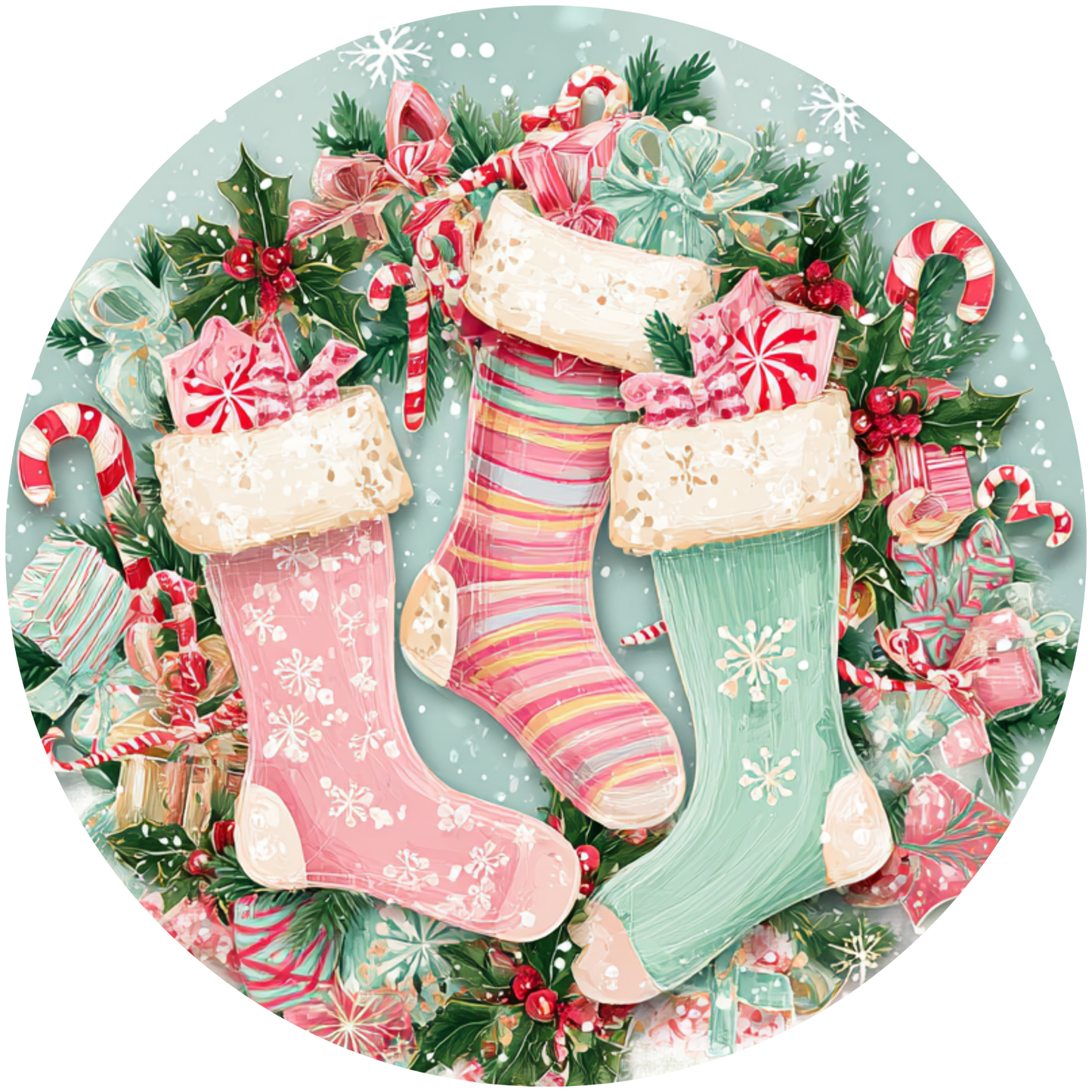 Christmas Stockings with Gifts and Holly Accent Sign - Made in USA