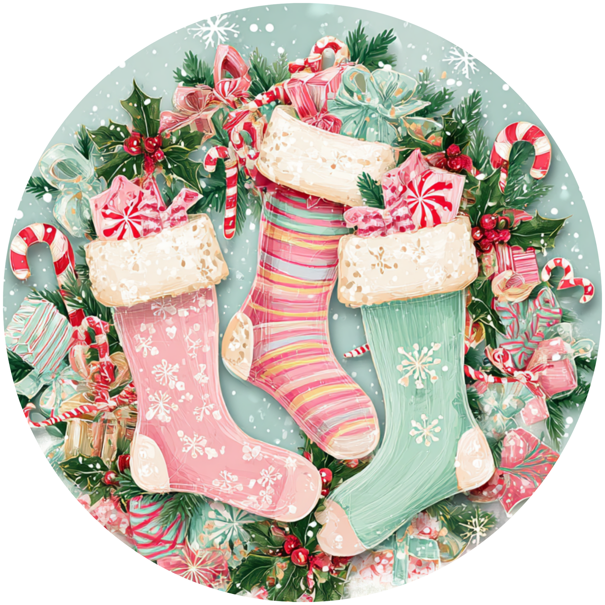 Christmas Stockings with Gifts and Holly Accent Sign - Made in USA