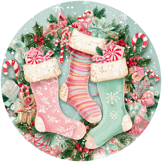Christmas Stockings with Gifts and Holly Accent Sign - Made in USA