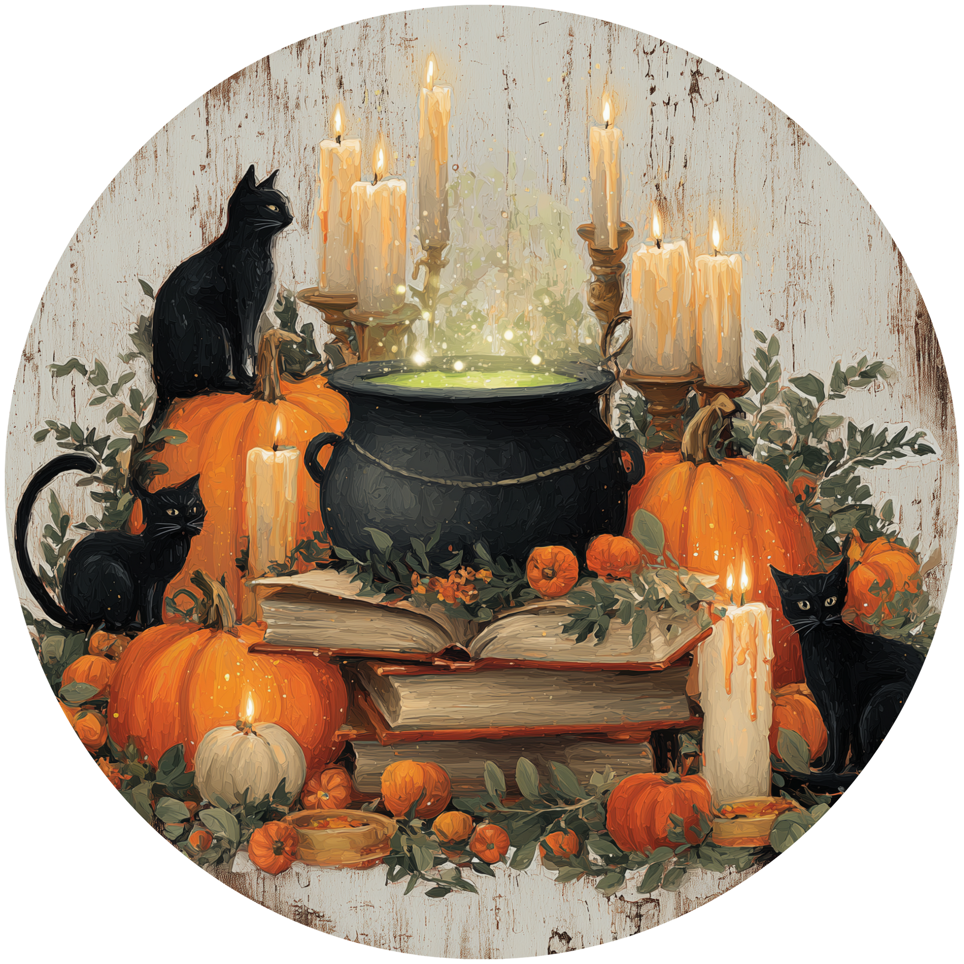 Halloween Still Life with Black Cats and Cauldron Accent Sign - Made in USA