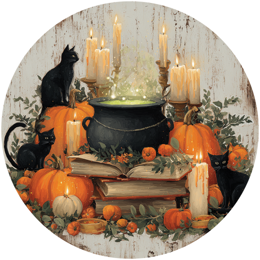 Halloween Still Life with Black Cats and Cauldron Accent Sign - Made in USA