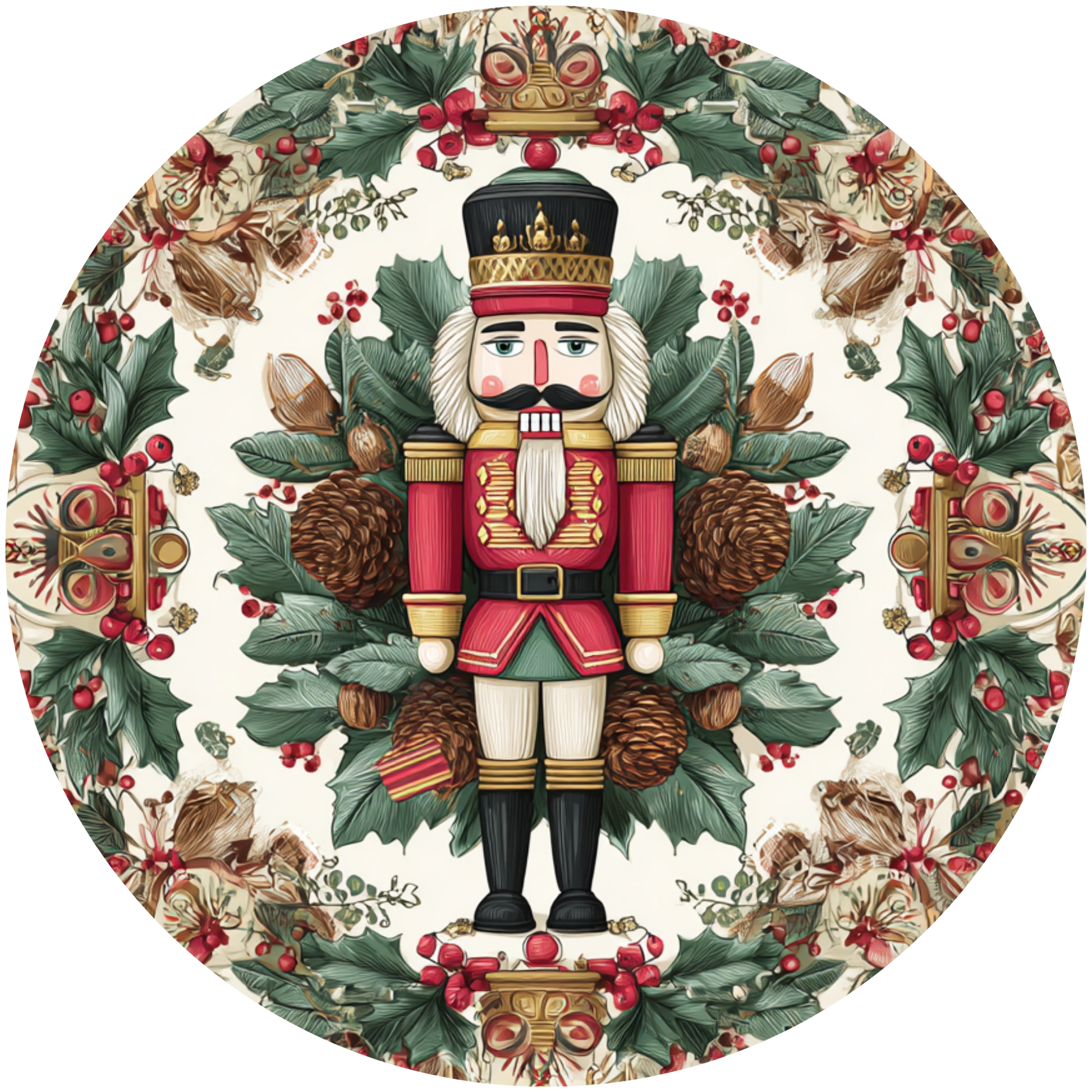Nutcracker surrounded by Holly and Pinecones Accent Sign - Made in USA