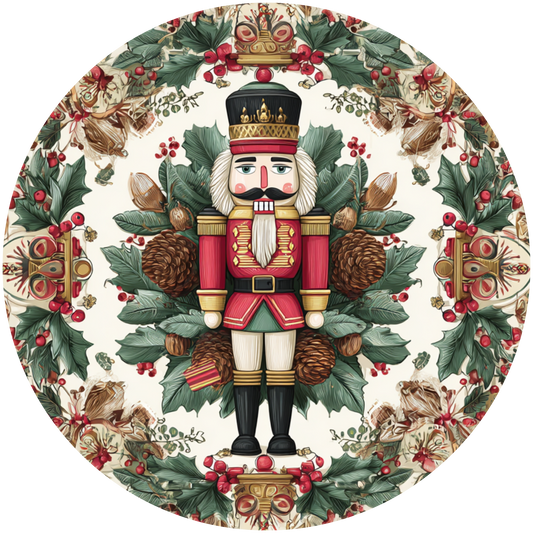 Nutcracker surrounded by Holly and Pinecones Accent Sign - Made in USA