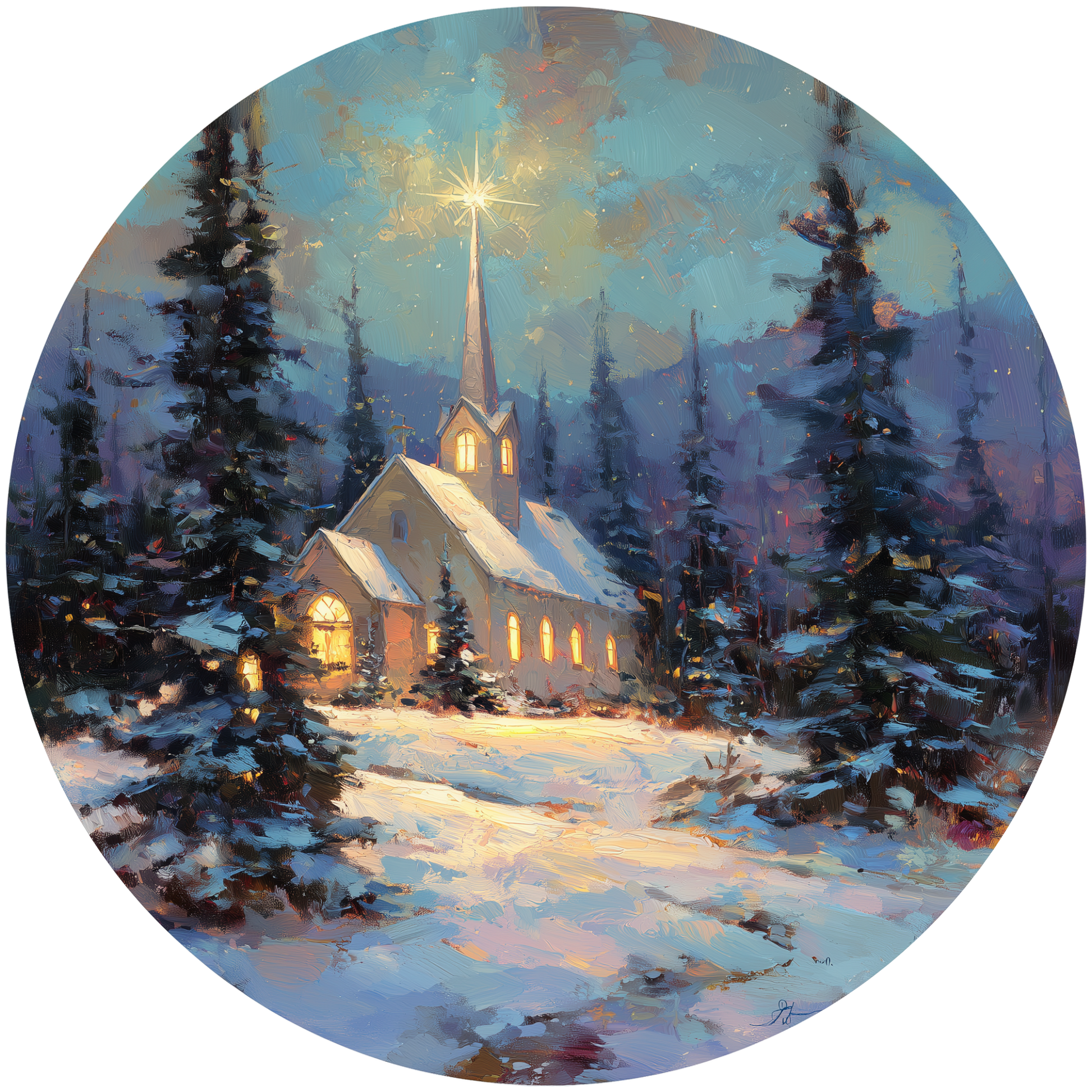 Snowy Church with a Star Accent Sign - Made in USA