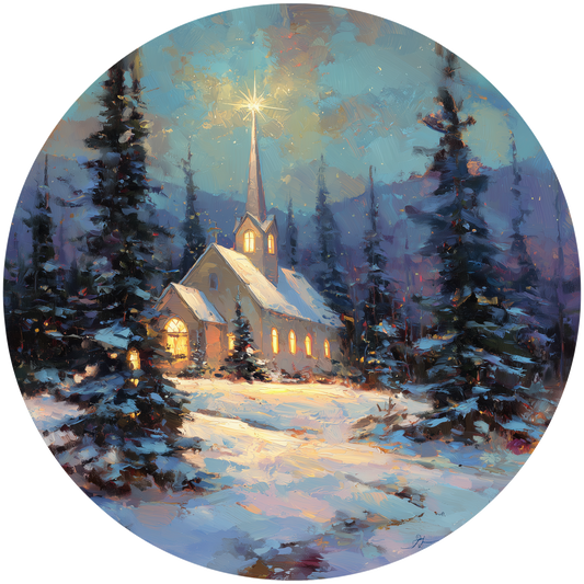 Snowy Church with a Star Accent Sign - Made in USA