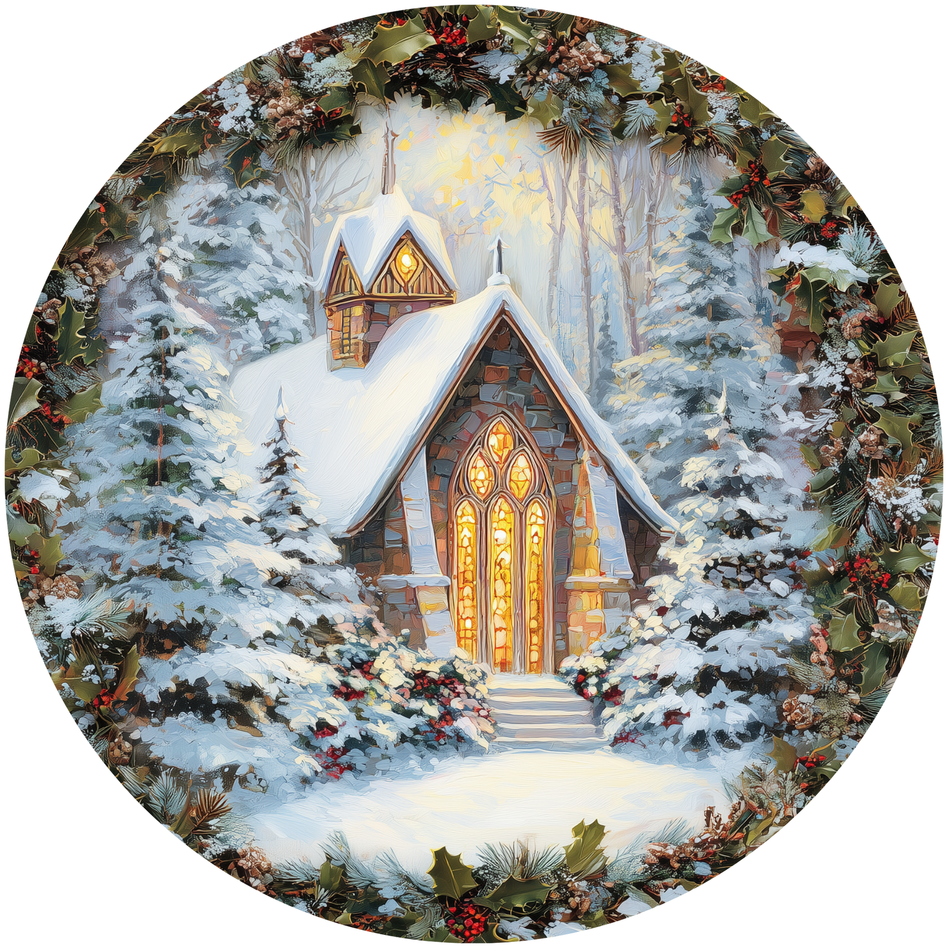 Snowy Church framed by Holly Accent Sign - Made in USA