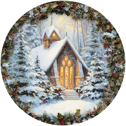 Snowy Church framed by Holly Accent Sign - Made in USA