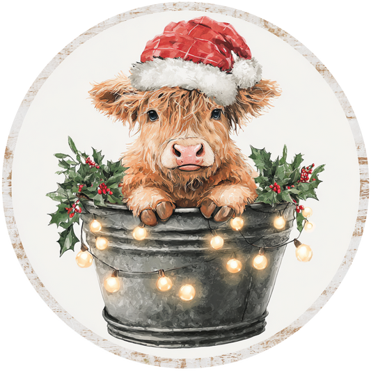 Christmas Highland Cow in a Bucket Accent Sign - Made in USA