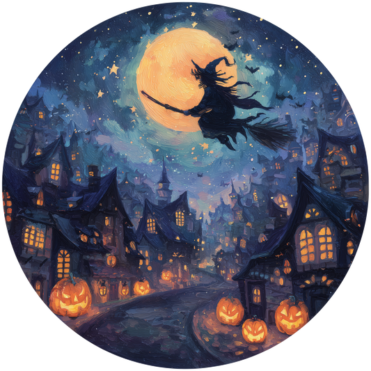 Witch Flying Over a Spooky Village Accent Sign - Made in USA