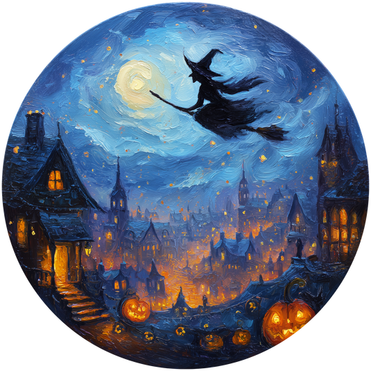 Witch Flying Over a Spooky Village Accent Sign - Made in USA