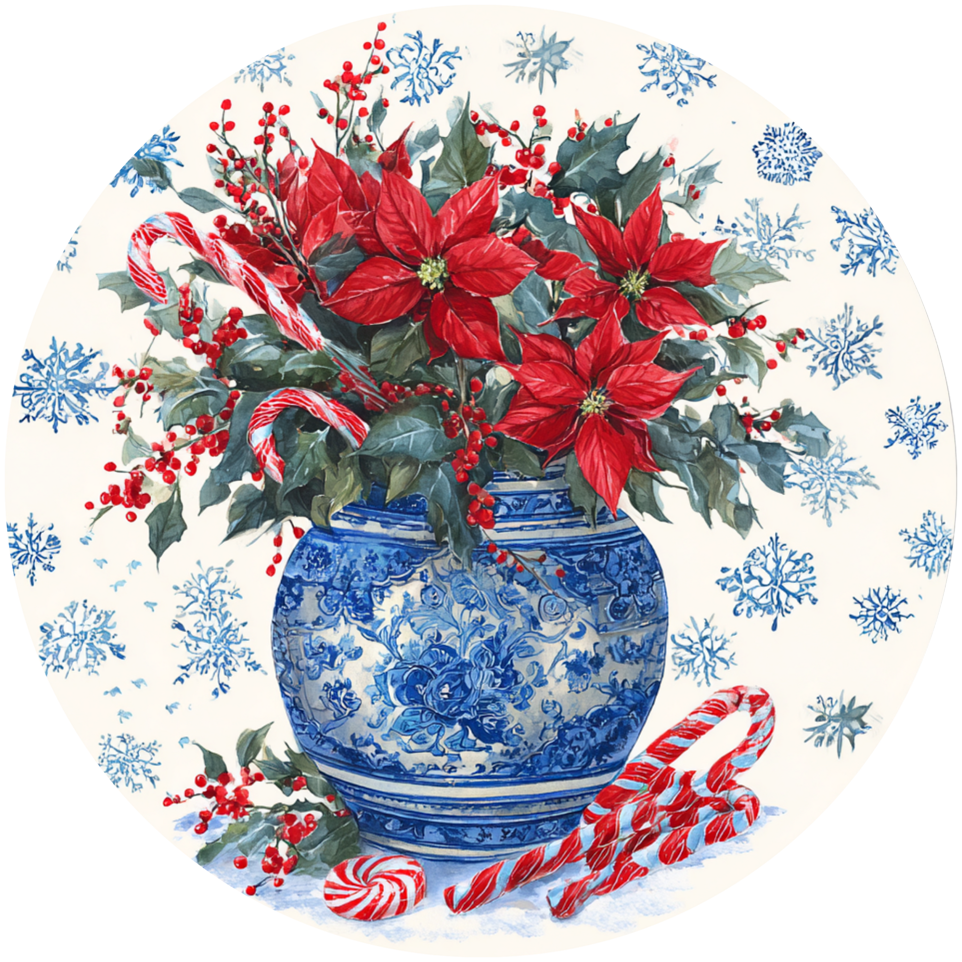 Poinsettias in a Blue and White Vase Accent Sign - Made in USA