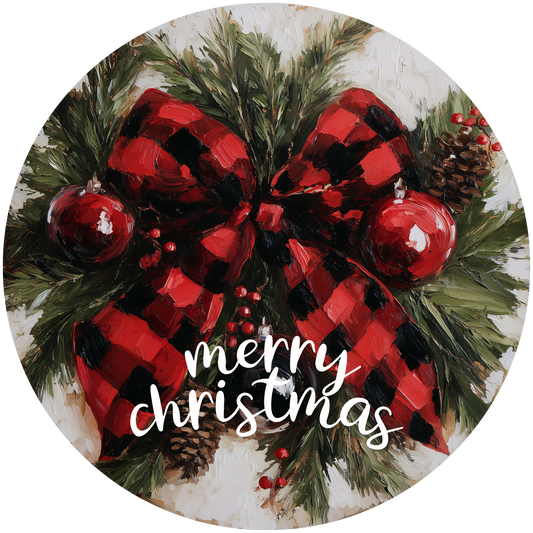 Rustic Buffalo Plaid Bow and Pine Wreath Accent Sign - Made in USA