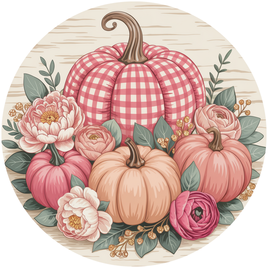Pink Gingham Pumpkin and Peony Accent Sign - Made in USA