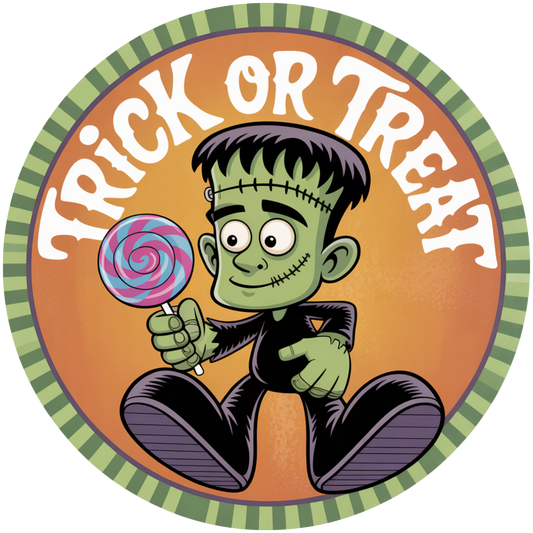 Frankenstein Monster Trick or Treat Lollipop Accent Sign - Made in USA