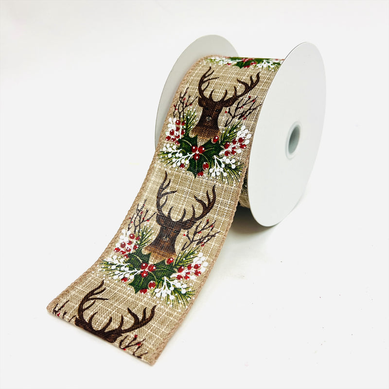 Christmas Holiday Xmas Moose Gift Wrap Ribbon Faux Burlap Linen - 2.5 Inch x 10 Yards