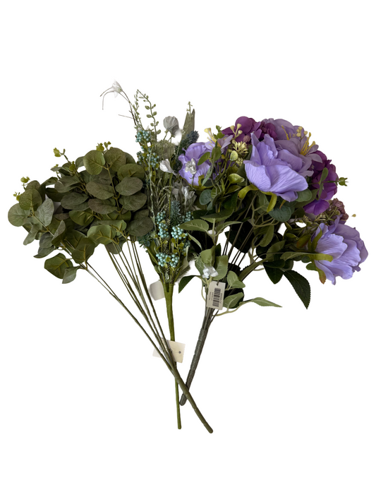 Lavender Floral Stems – 19" Rose Hydrangea Bush, 20" Eucalyptus Bush (4 Stems), 23" Lavender Berry Spray - Set of 3