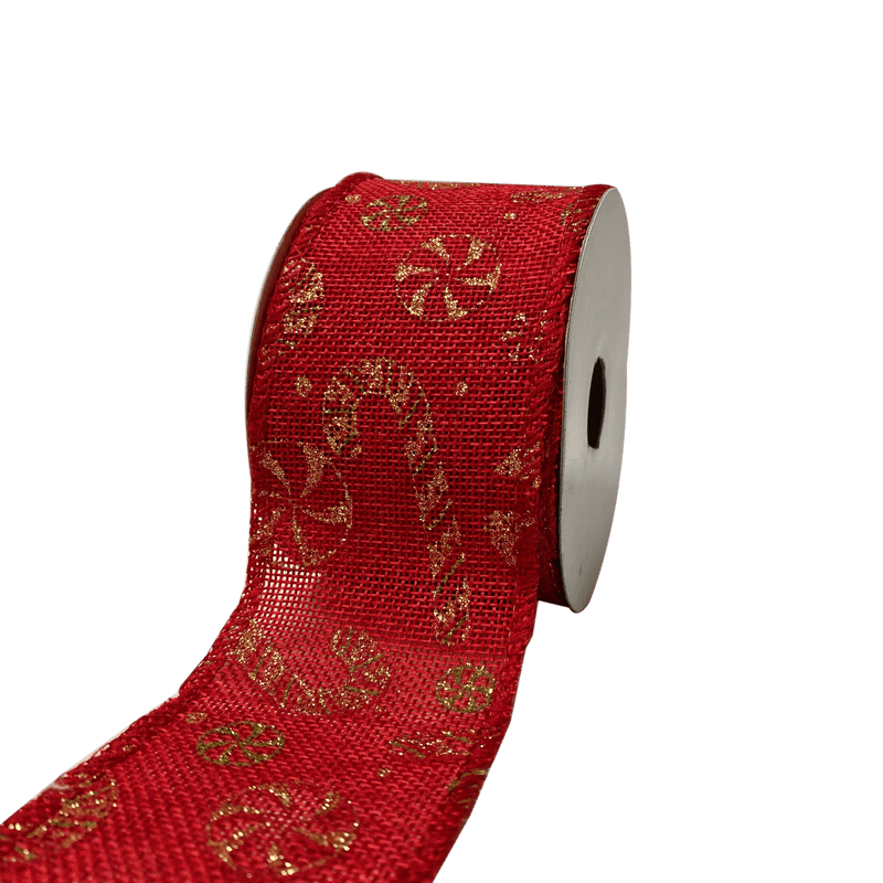 2.5 Inch x 10 Yards - Red Gold Candy Cane Christmas Ribbon BBCrafts.com