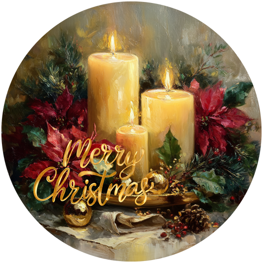 Candles Poinsettias and Merry Christmas Accent Sign - Made in USA