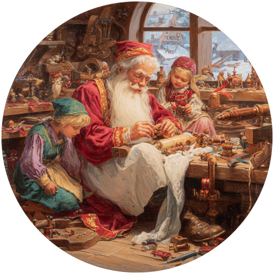 Santa and Elves Building Toys in the Workshop Accent Sign - Made in USA