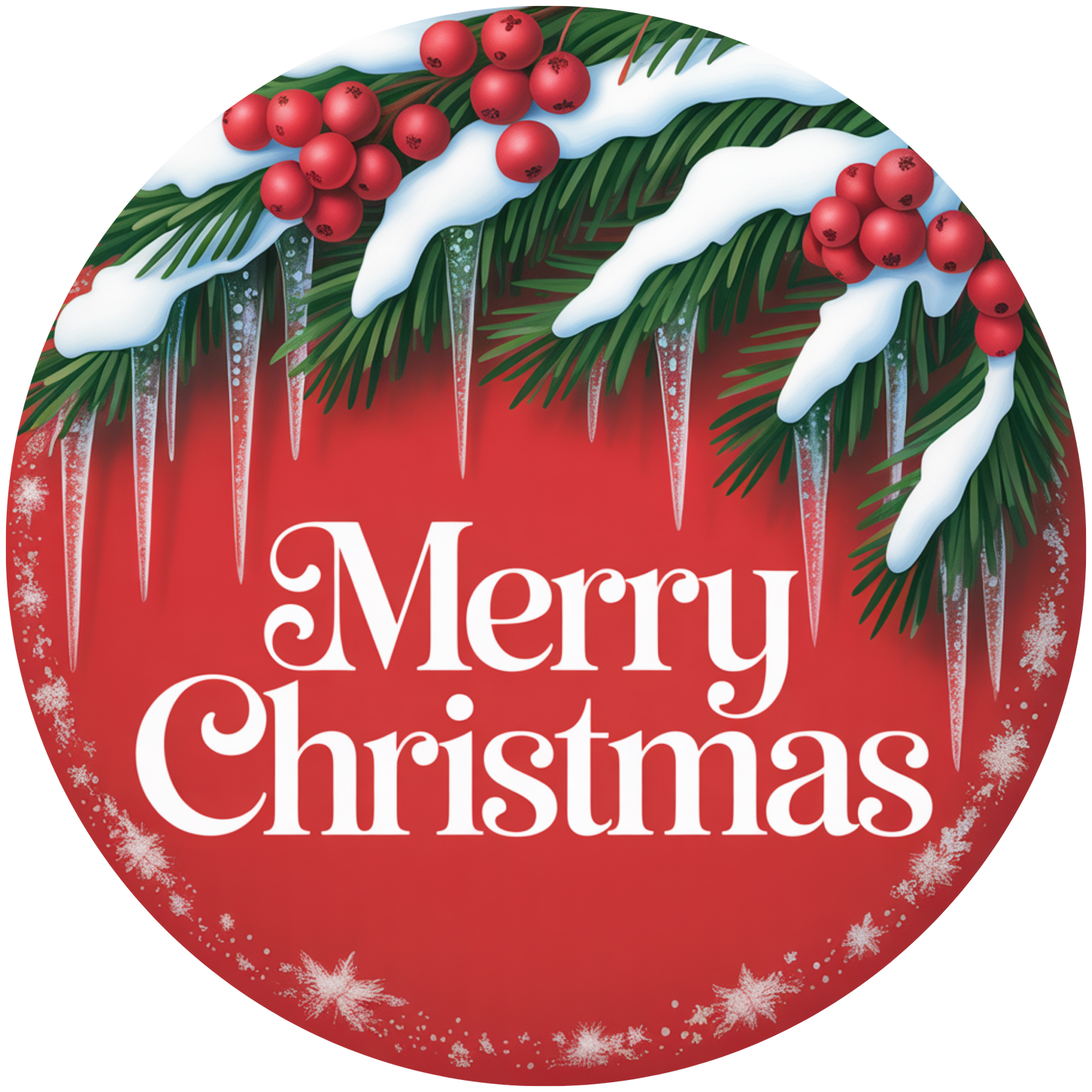 Red Merry Christmas with Snow Pine Boughs and Icicles Accent Sign - Made in USA