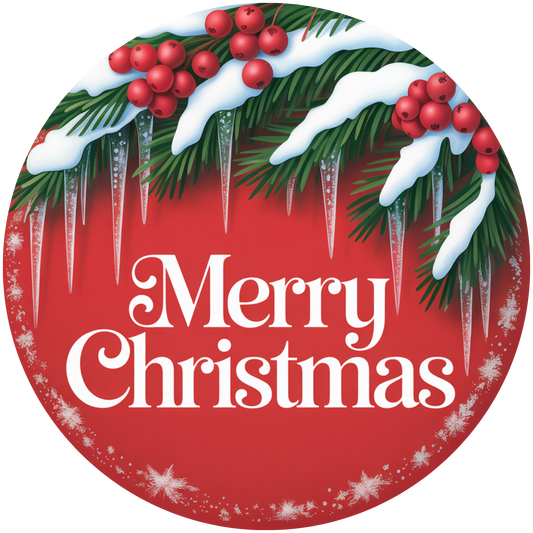Red Merry Christmas with Snow Pine Boughs and Icicles Accent Sign - Made in USA