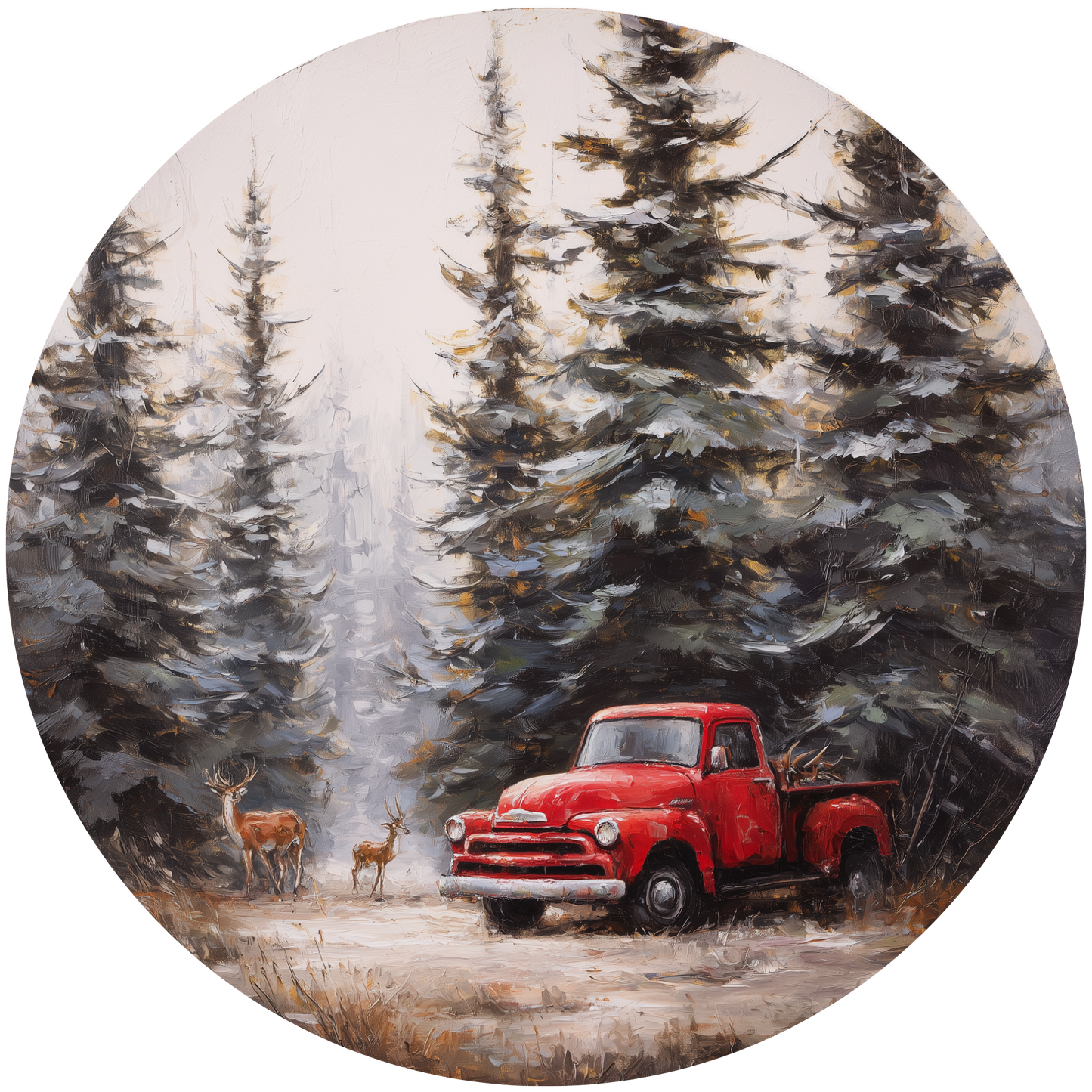 Red Truck and Deer in Snowy Pine Forest Accent Sign - Made in USA