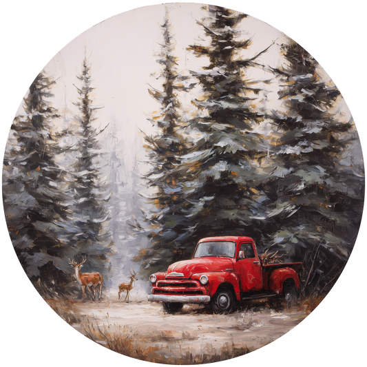 Red Truck and Deer in Snowy Pine Forest Accent Sign - Made in USA
