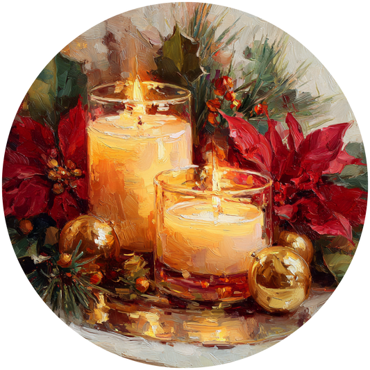 Christmas Candles Poinsettias and Gold Ornaments Accent Sign - Made in USA