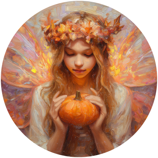 Fall Fairy with Autumn Leaf Crown Holding a Pumpkin Accent Sign - Made in USA