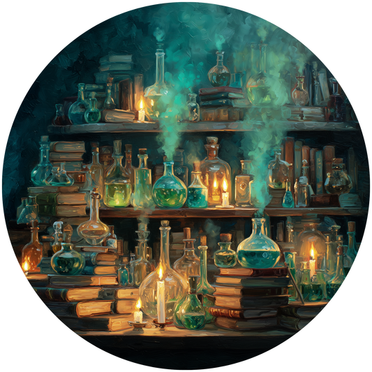 Alchemist Shelf with Bubbling Potions Books and Candles Accent Sign - Made in USA