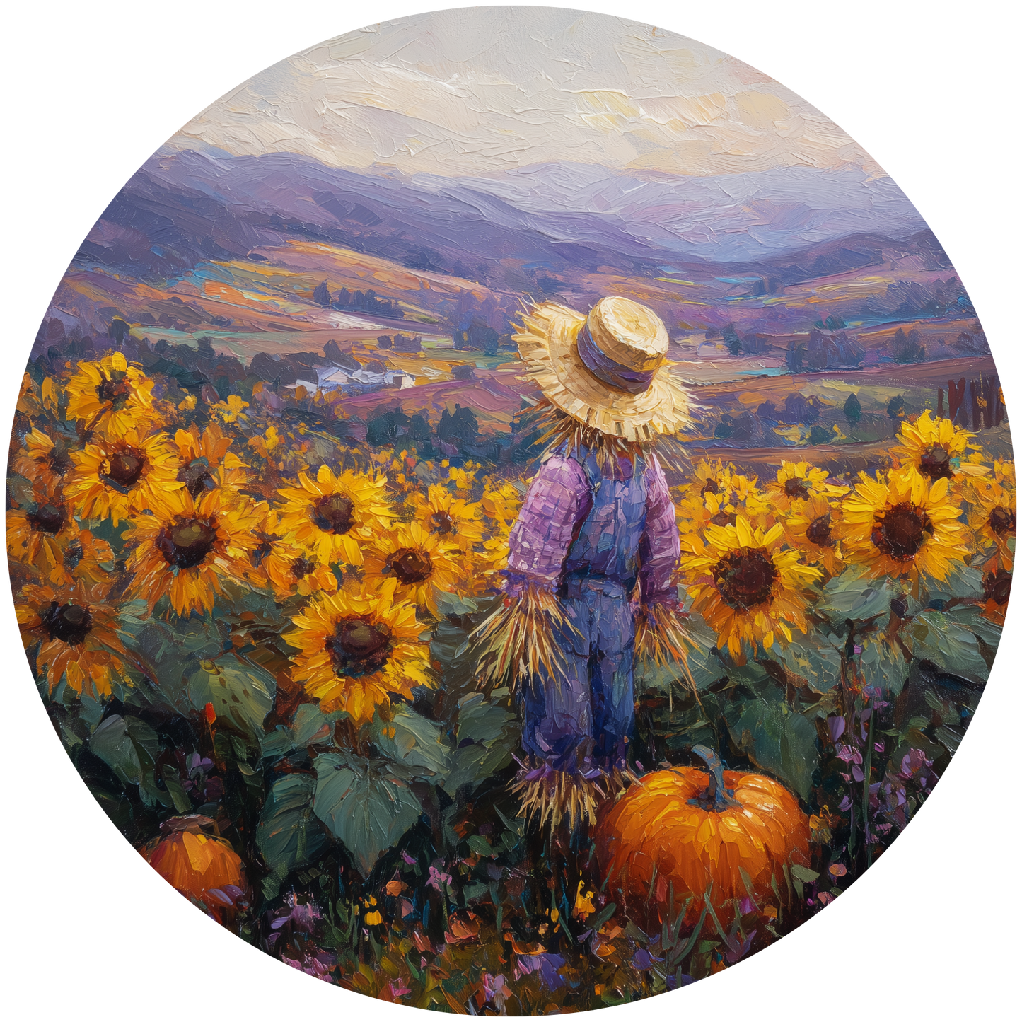 Scarecrow in Sunflower Field with Pumpkins Accent Sign - Made in USA