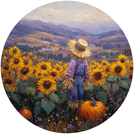 Scarecrow in Sunflower Field with Pumpkins Accent Sign - Made in USA