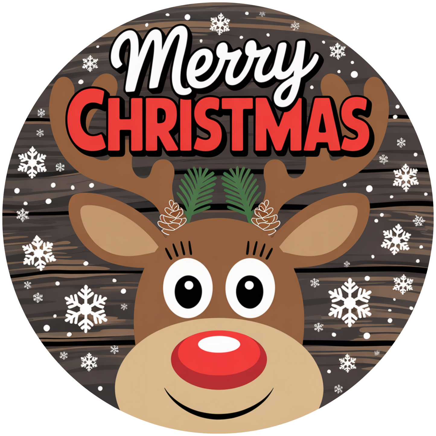 Merry Christmas Reindeer with Red Nose and Pine Cones Accent Sign - Made in USA