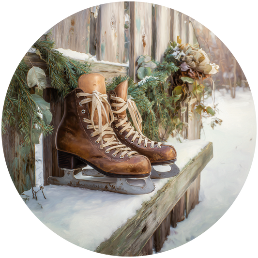 Ice Skates on a Bench with Pine Accent Sign - Made in USA