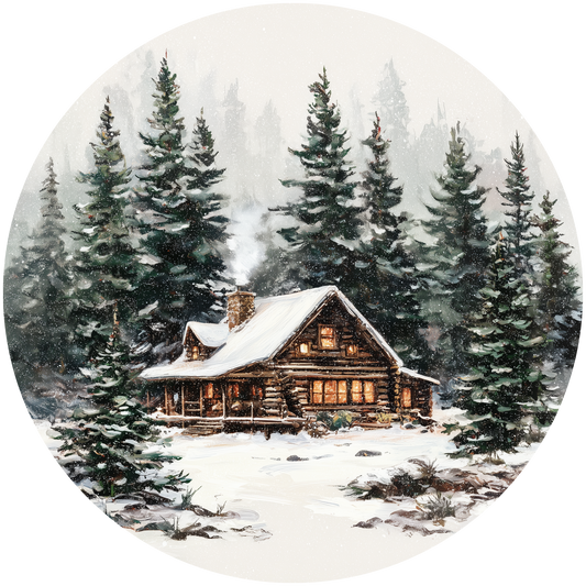Snowy Winter Log Cabin in Pine Forest Accent Sign - Made in USA