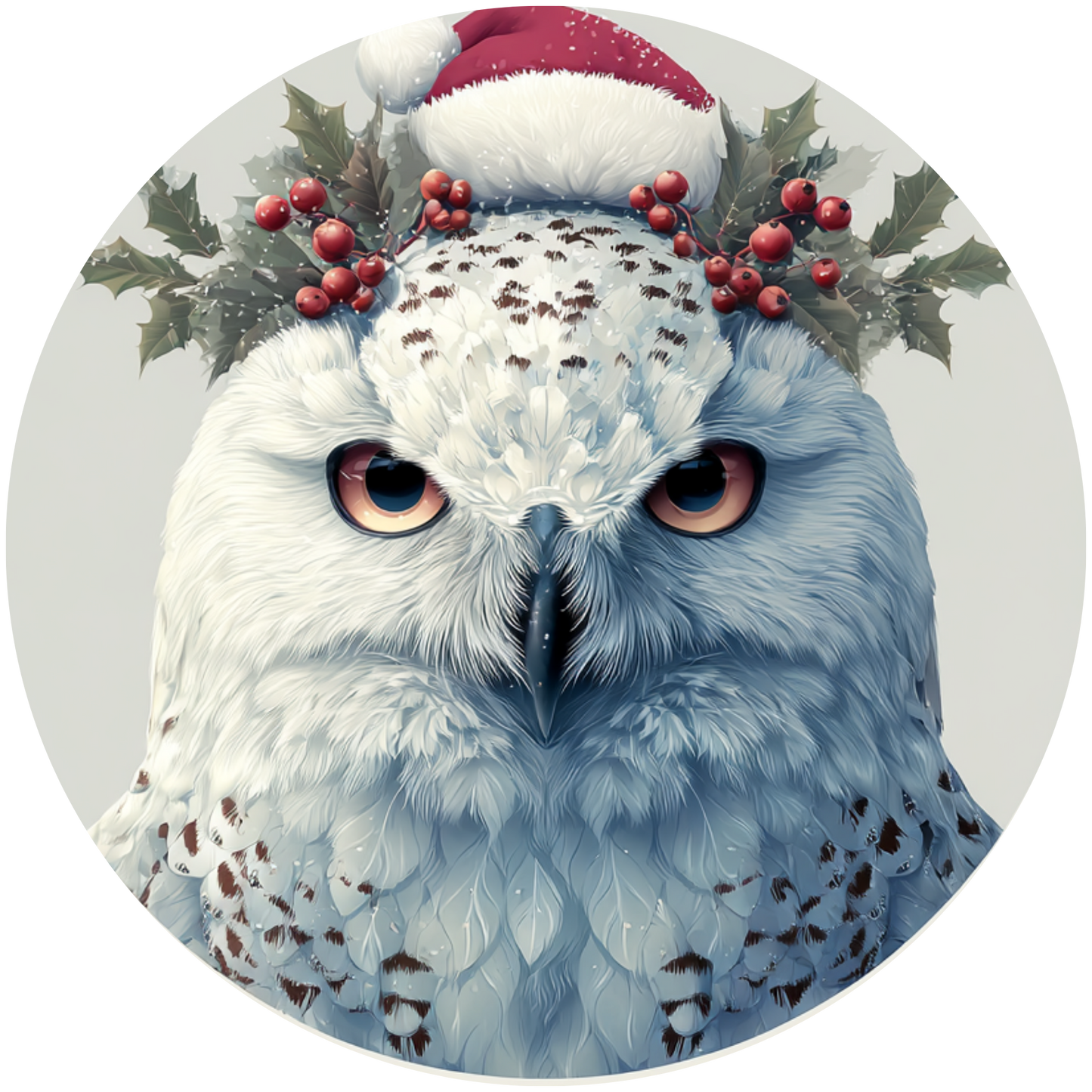 White Snowy Owl Wearing Santa Hat and Holly Wreath Accent Sign - Made in USA