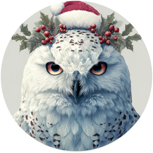 White Snowy Owl Wearing Santa Hat and Holly Wreath Accent Sign - Made in USA