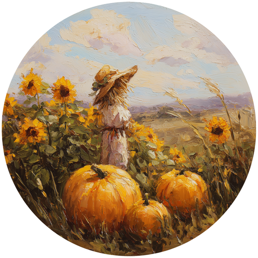 Scarecrow and Pumpkins in a Sunflower Field Accent Sign - Made in USA